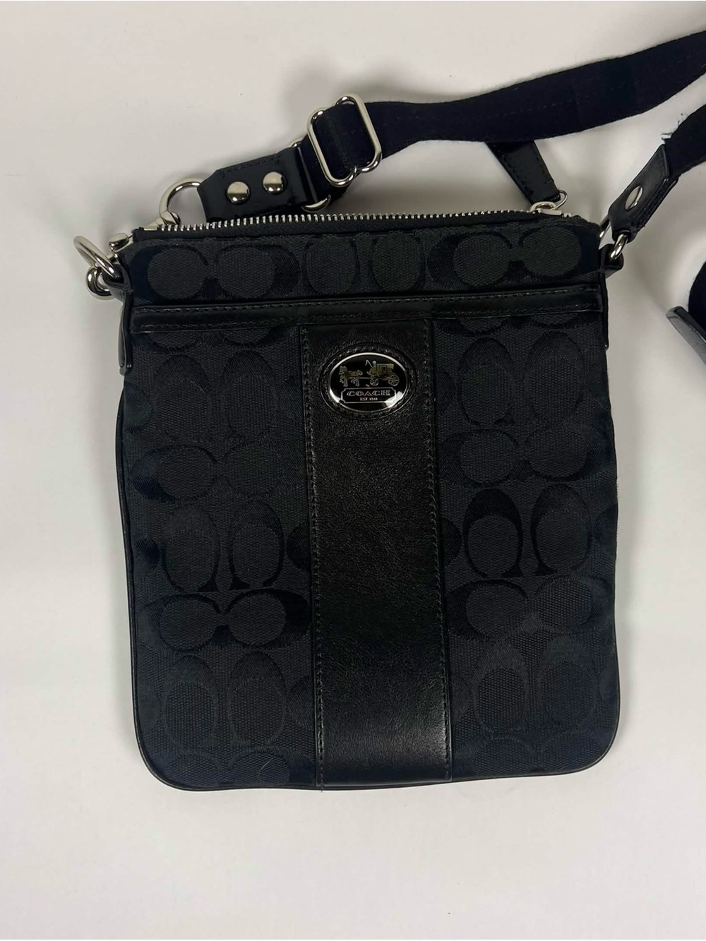 Coach Black Signature Crossbody Pouch with Leather Trim